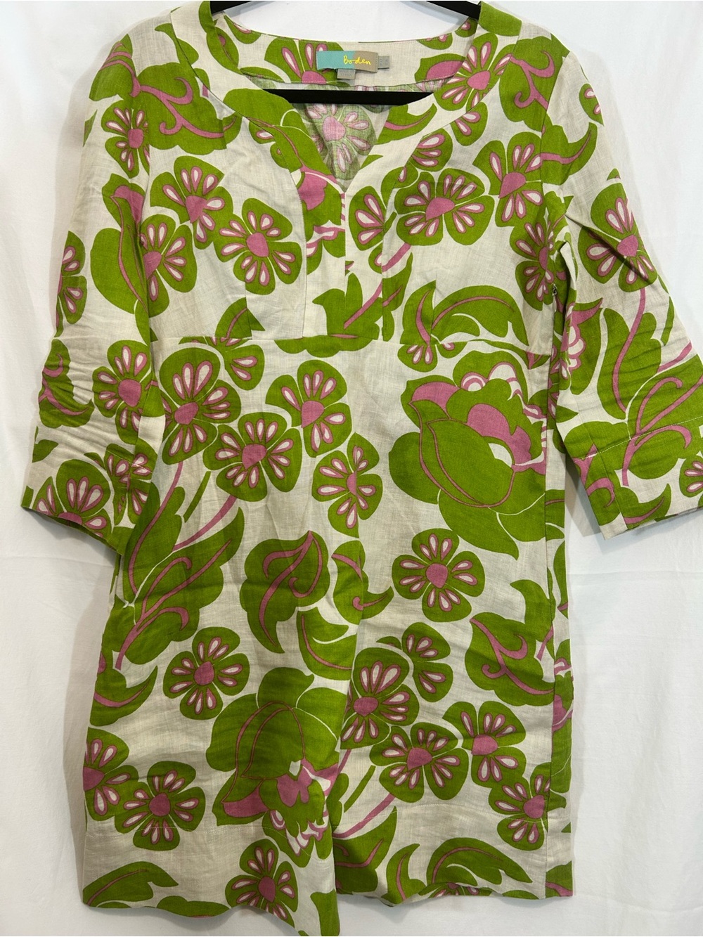 Boden Linen Dress Size 8 Green Pink Retro Floral 3/4 Sleeve Shift Mini